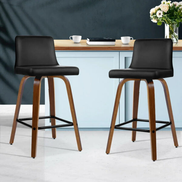 Artiss 2x Wooden Bar Stools PU Leather Swivel Padded Kitchen Black Brown