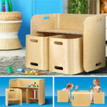 Kids Table and Chairs Set Wooden Study Play Furniture Natural - Image 3