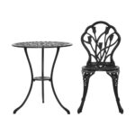 Outdoor Bistro Set Cast Aluminium 2 Chairs Patio Table Set Black - Image 2