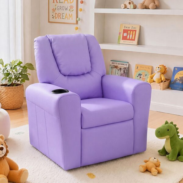 Kids Recliner Chair – PU Leather, 9cm Padding, Cup Holder, Purple