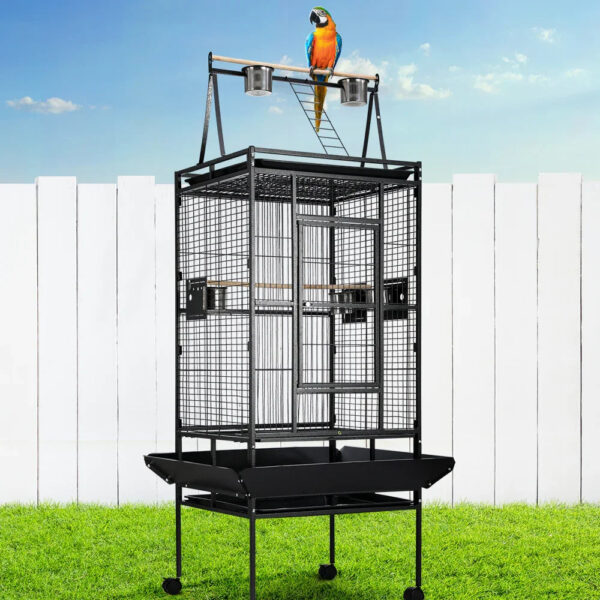 Large Wrought Iron Bird Cage – Play‑Top, Lockable Wheels, Slide‑Out Trays
