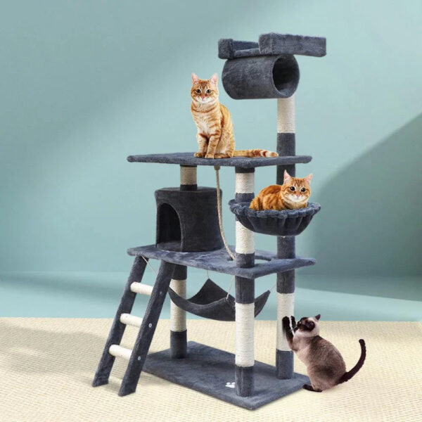 141cm Cat Tree Scratching Post Tower with Hammock & Swing Grey
