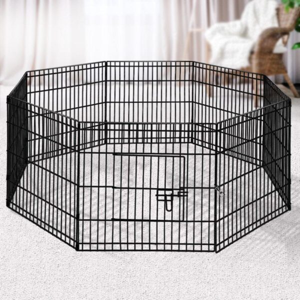 24" Pet Playpen – 8‑Panel Foldable Dog Fence Black Steel with Door