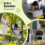 3-in-1 Pet Stroller Dog Cat Pram Carrier Car Seat Foldable Grey 25kg