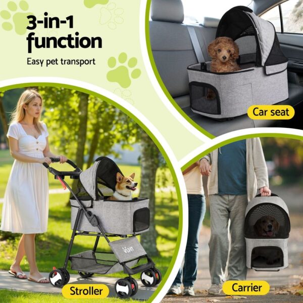 3-in-1 Pet Stroller Dog Cat Pram Carrier Car Seat Foldable Grey 25kg