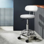 Artiss Adjustable Salon Stool Chair with Backrest PU Leather Hydraulic White - Image 5