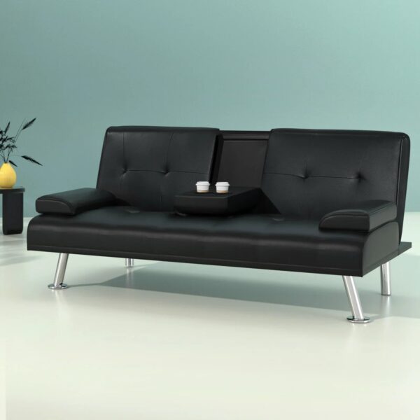 Artiss 3 Seater Sofa Bed PU Leather Convertible Couch Bed with Cup Holders Black