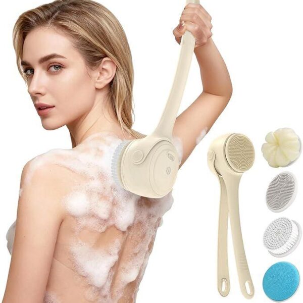 Electric Shower Body Scrubber Brush with 4 Heads, IPX5 Waterproof Rechargeable Back Cleaner for Exfoliating & Massage, 2-Speed Rotating Bath Brush for Sensitive Skin (Milk coffee)