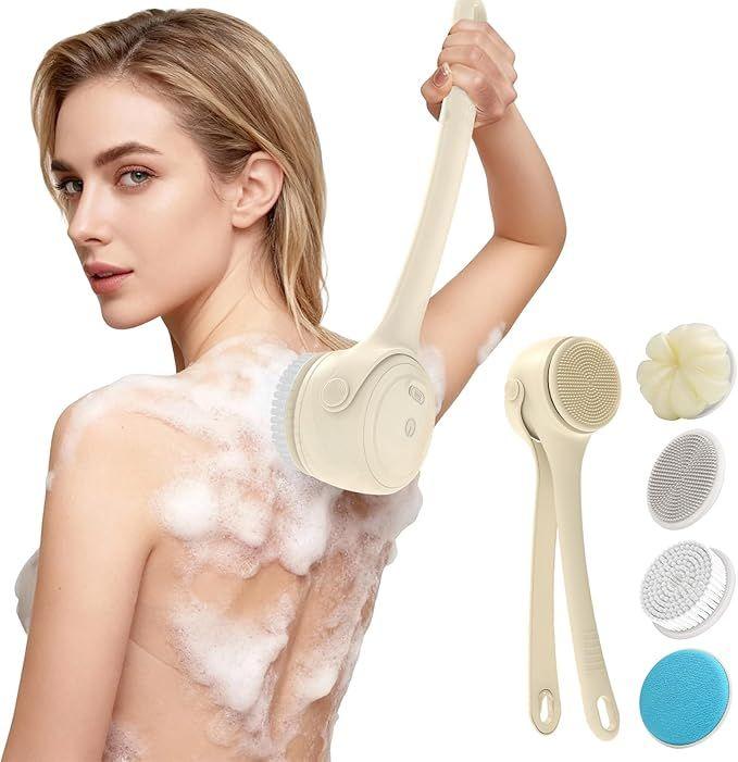 V1107-CS-DDXZSN-00 Electric Shower Body Scrubber Brush with 4 Heads, IPX5 Waterproof Rechargeable Back Cleaner for Exfoliating & Massage, 2-Speed Rotating Bath Brush for Sensitive Skin (Milk coffee) - Image 1