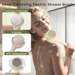 Electric Shower Body Scrubber Brush with 4 Heads, IPX5 Waterproof Rechargeable Back Cleaner for Exfoliating & Massage, 2-Speed Rotating Bath Brush for Sensitive Skin (Milk coffee) - Image 2