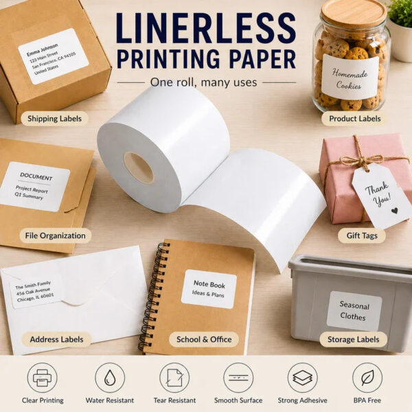 6 Rolls Linerless Printing Label Paper 80 mm × 52 m for Takeaway Shop Restaurant