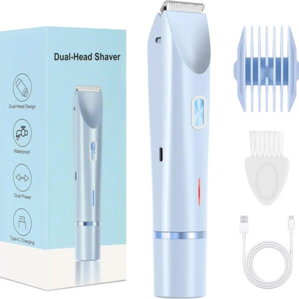 2-in-1 Electric Lady Shaver & Bikini Trimmer Dual Head Waterproof Wet & Dry Body Hair Remover Cordless Razor for Face Legs Underarms Blue