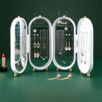White 4-Layer Retractable Screen-Style Jewelry Display Stand With Mirror Zone - Dust-Proof Necklace & Earring Organizer Case for Vanity
