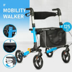 2 In 1 Foldable X-Fold Mobility Walker Rollator Chair Aid 8 Inch Wheel Max Load 136KG with Zippered Storage Bag for Elderly Seniors Indoor Outdoor Use